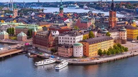 An aerial view of Stockholm and it's colourful buildings, the capital city of Sweden.