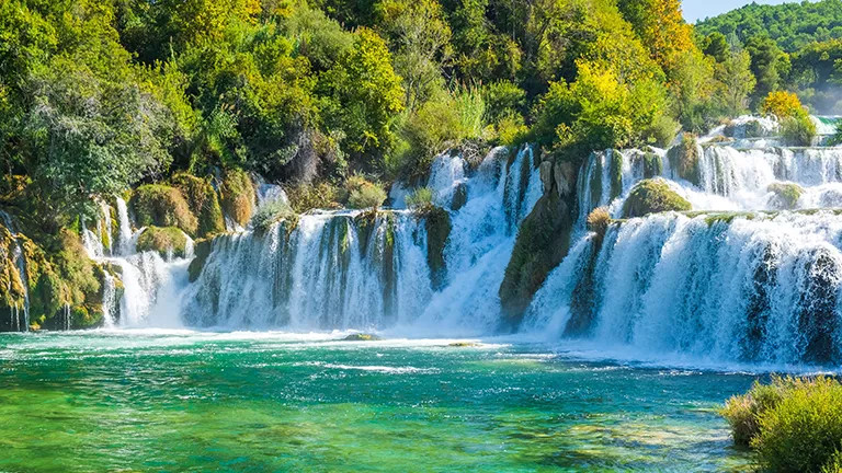 A view of the Plitvice Lakes National Park waterfalls in Croatia.