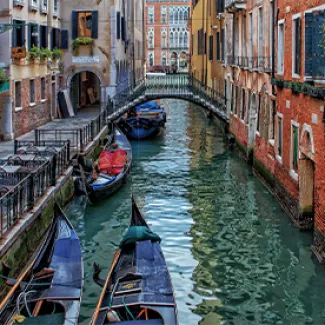 A view down a canal in Venice, Italy.