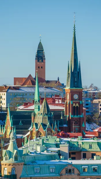 A view of the Gothenburg skyline, with Oscar Frederik Church featuring prominently.