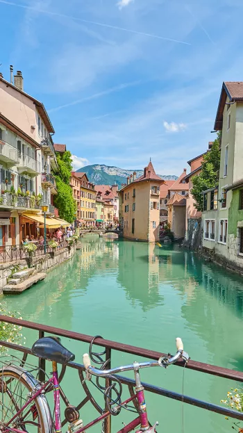 The colourful town of Annecy, where Lake Annecy feeds into the Thiou River.
