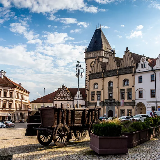A view of the town square of Tabor in Czechia.