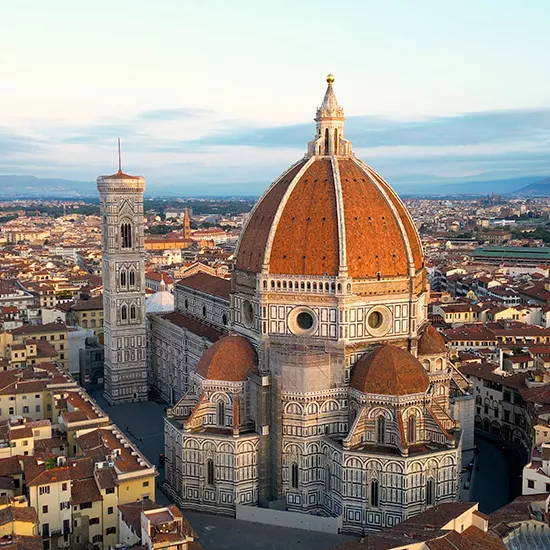 A landscape view of the Cathedral Santa Maria del Fiore, otherwise known as the Florence Cathedral or Duomo.