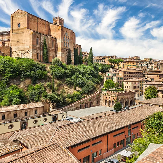 A landscape view of the Basilica Cateriniana San Domenico in Sienna.